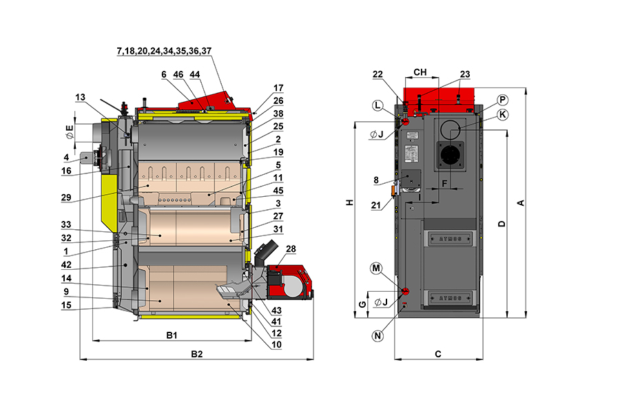 Wymiary kotła kombinowanego ATMOS DC40SPT